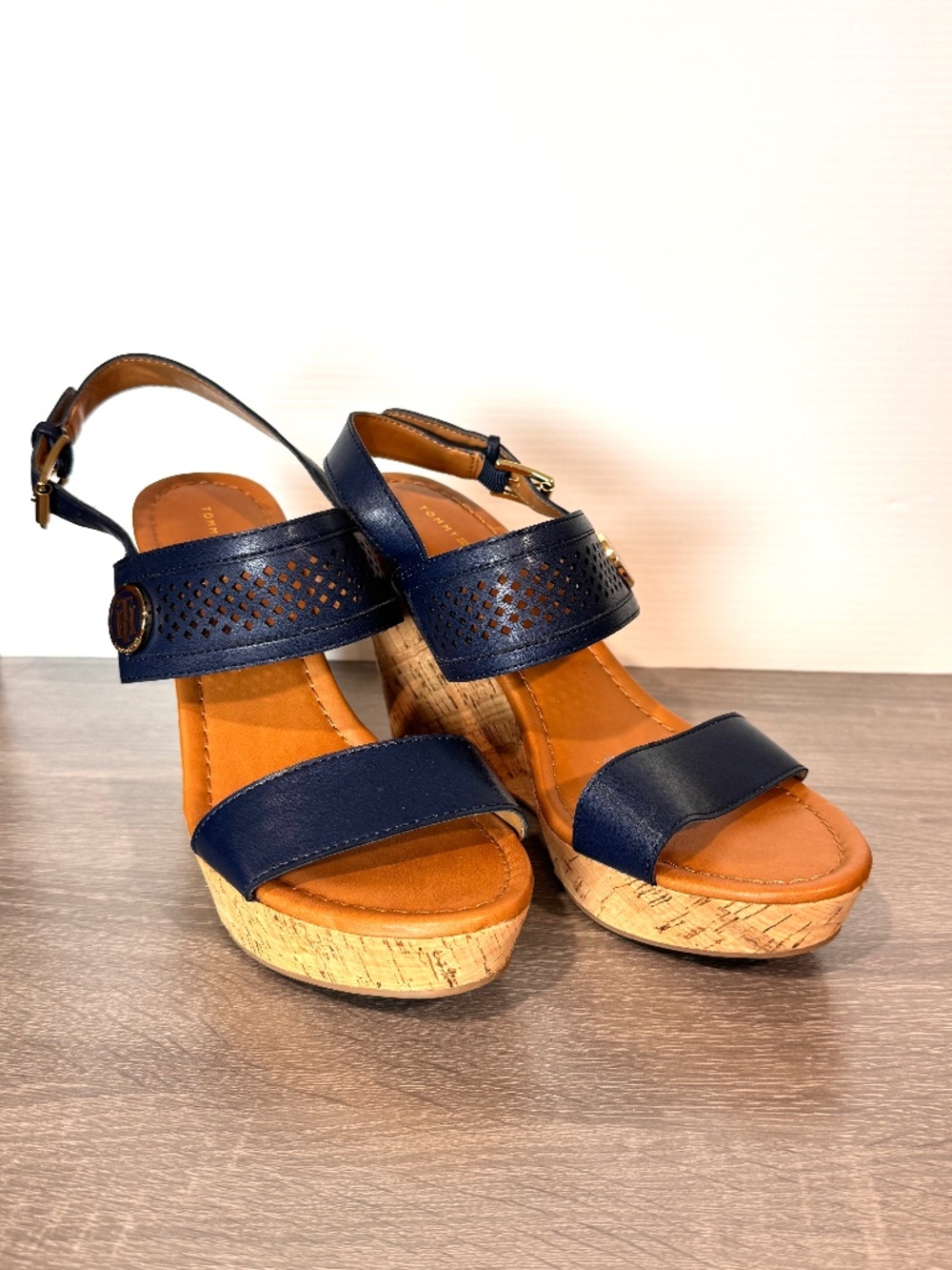 Tommy Hilfiger Navy Blue Wedge Sandals 4" Heel NWOT